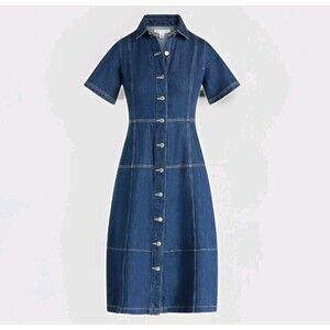 Bohemian Denim Short Sleeve Paneled Midi Button Front Dress NWT Western Cowgirl